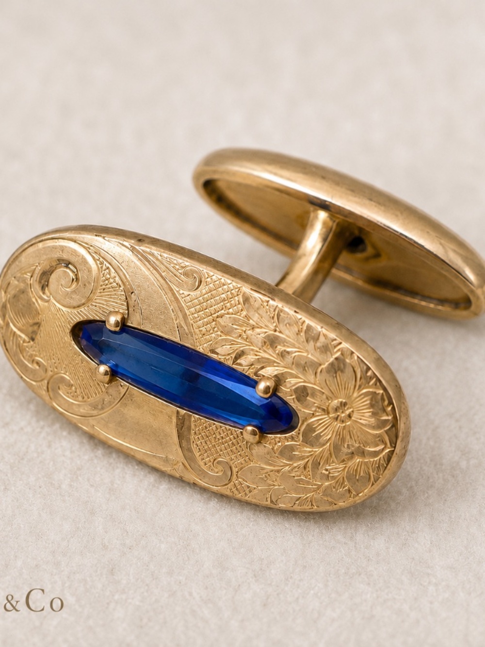 Antique HA & Co Gold Filled Blue Glass Cufflink Single Edwardian c1900